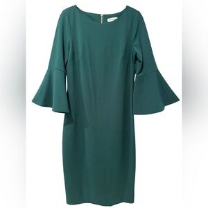 Calvin Klein Green 3/4 Bell Sleeve Boat Neck Sheath Dress